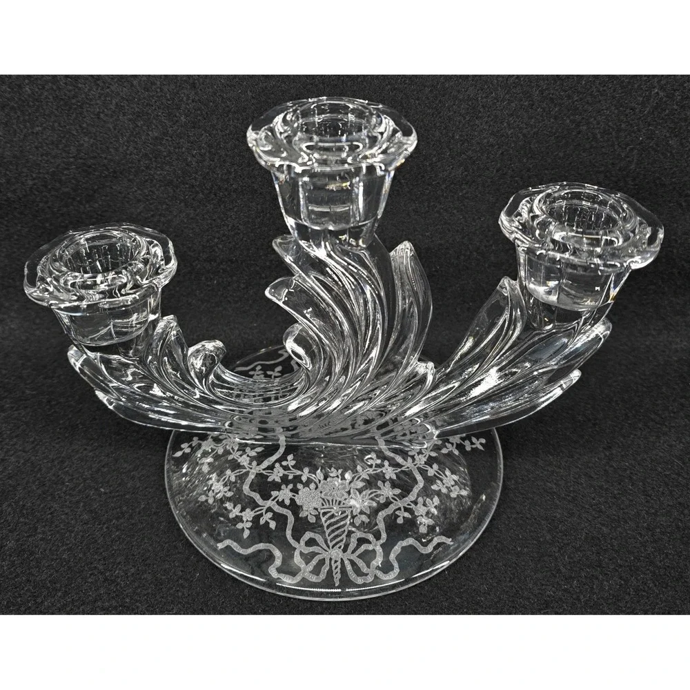 Vintage Fostoria Crystal Baroque Candlestick Holder 3‎ Light w/ Arcady Etch 30s